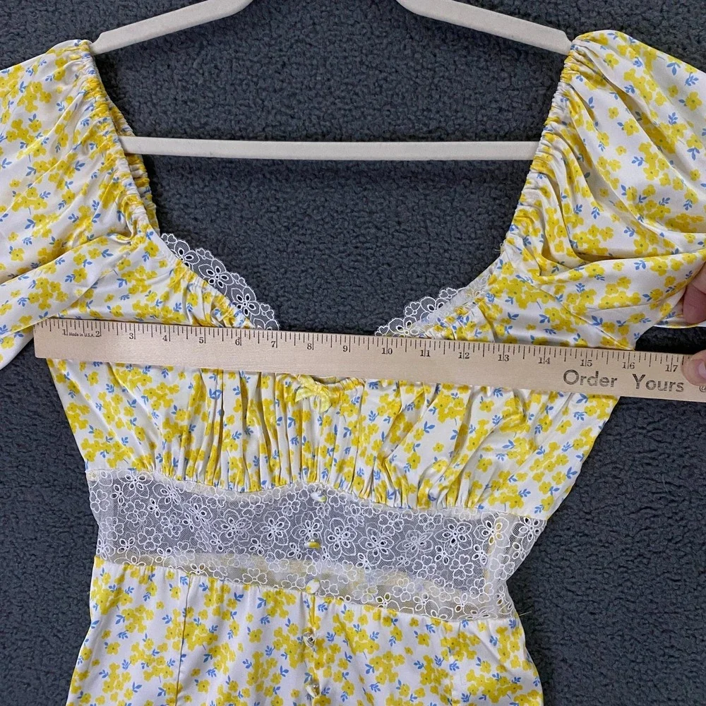 For Love & Lemons Dress FITS XS Yellow Daffodil Floral Puff Sleeve Satin Mini